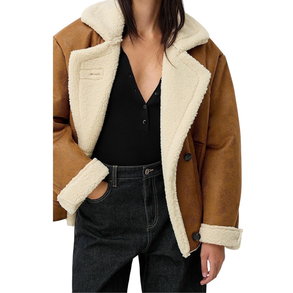 Bershka Oversized XS Brown Faux Leather Shearling Aviator Jacket Moto Coat XS